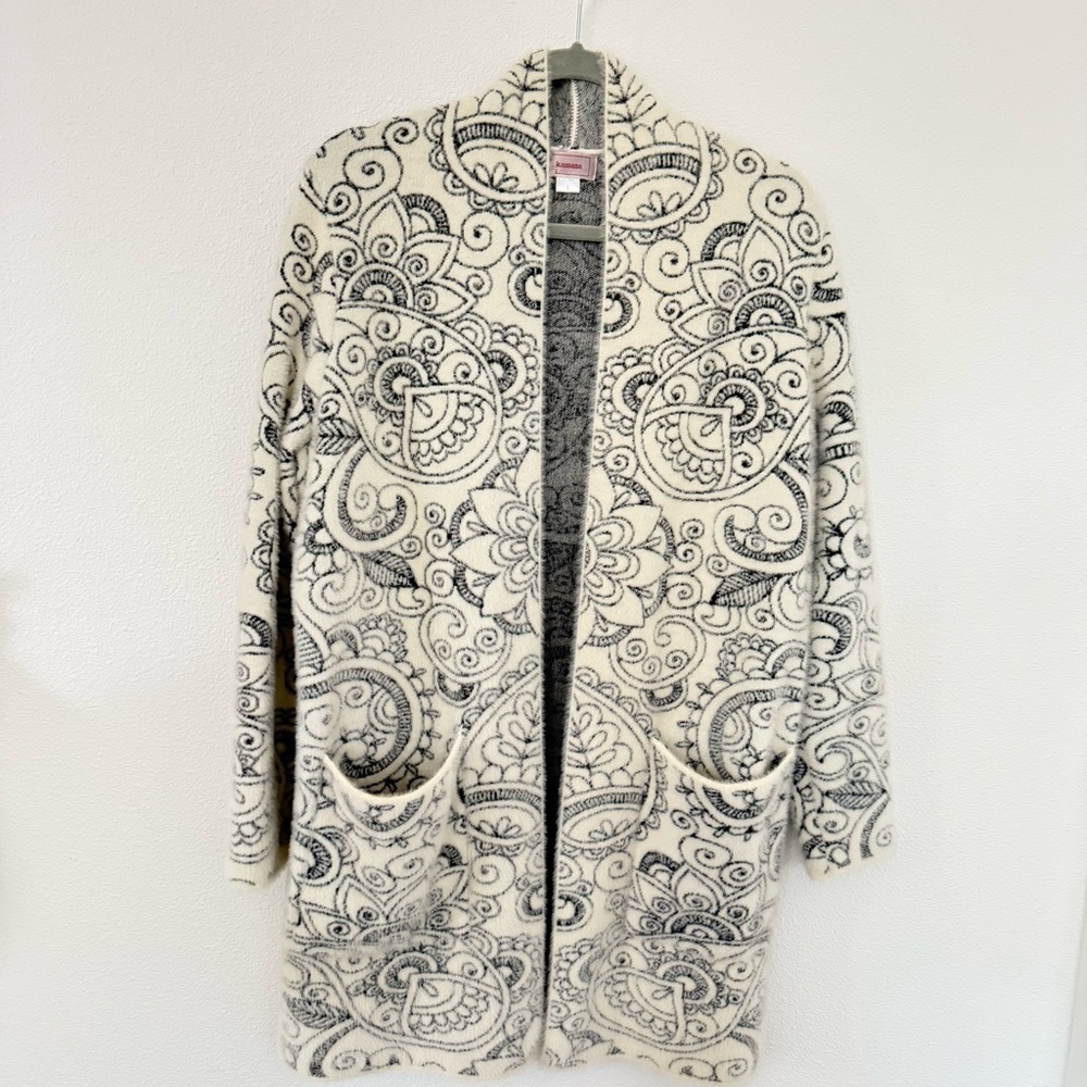 Elegant Soft Cozy Faux Fur Black/Blue & Frost Paisley Floral Cardigan Duster L